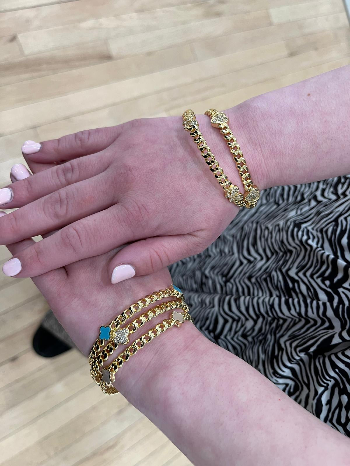 Link Bangle Accented With Cz Clovers
