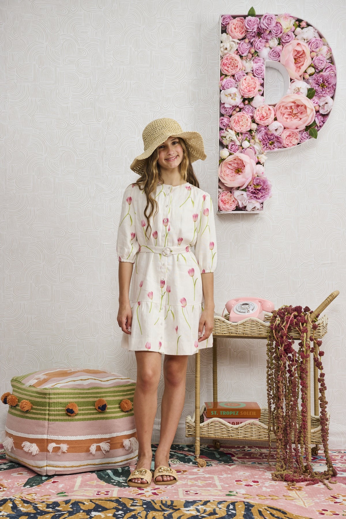 Porter WHITE LINEN W/ PINK TULIP DESIGN DRESS 2314