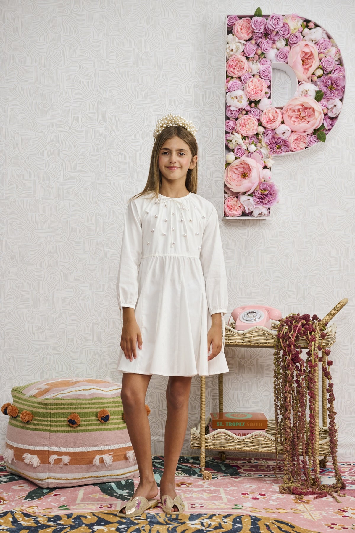 Porter WHITE COTTON W/ PEARLS ON CHEST DRESS 2444