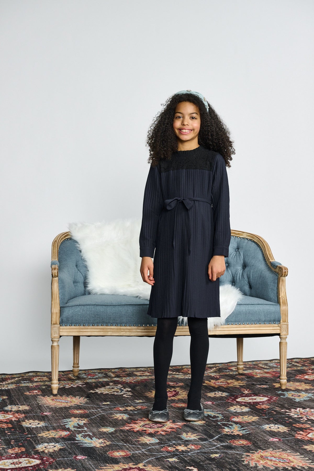Porter Navy Pleated W/ Lace Bib Dress 2520 AW26