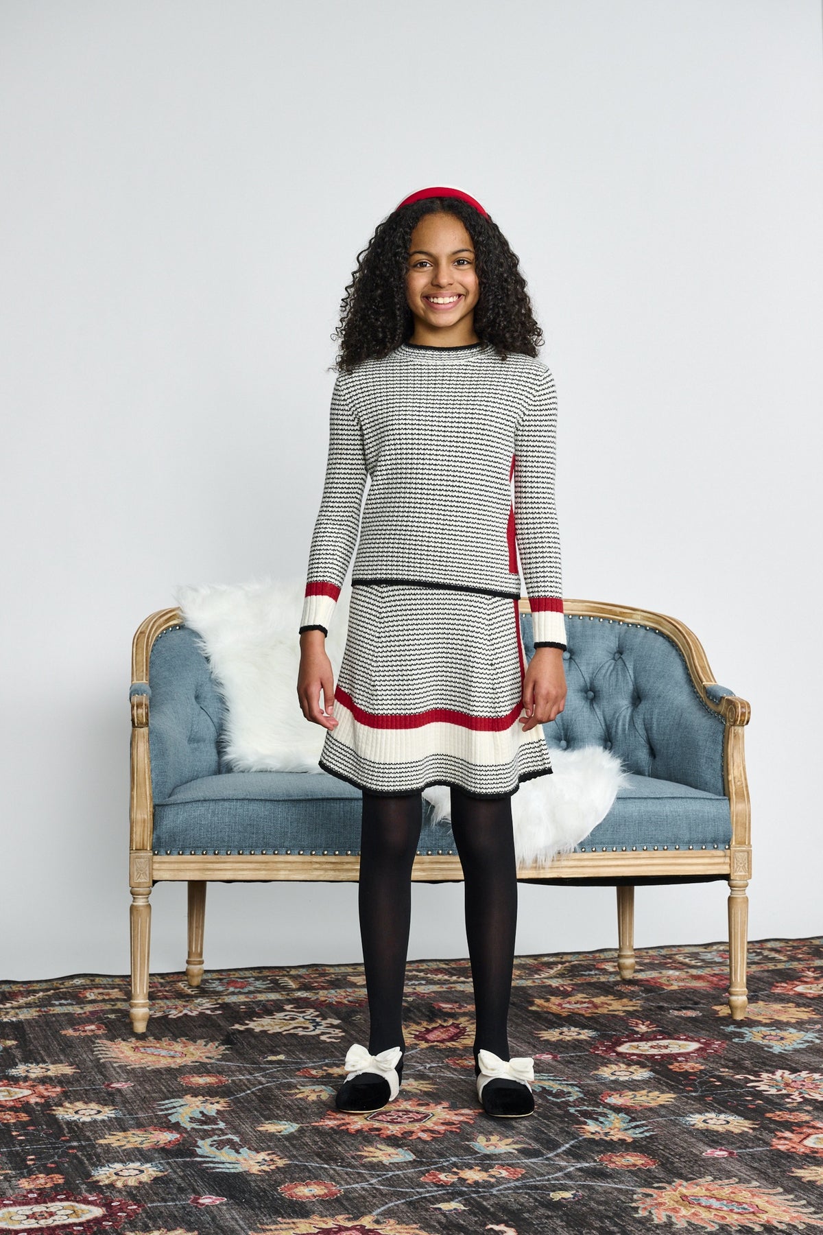 Porter Ivory Zig Zag W/ Garnet Side Color Block Knit Top 2479 w/skirt AW26