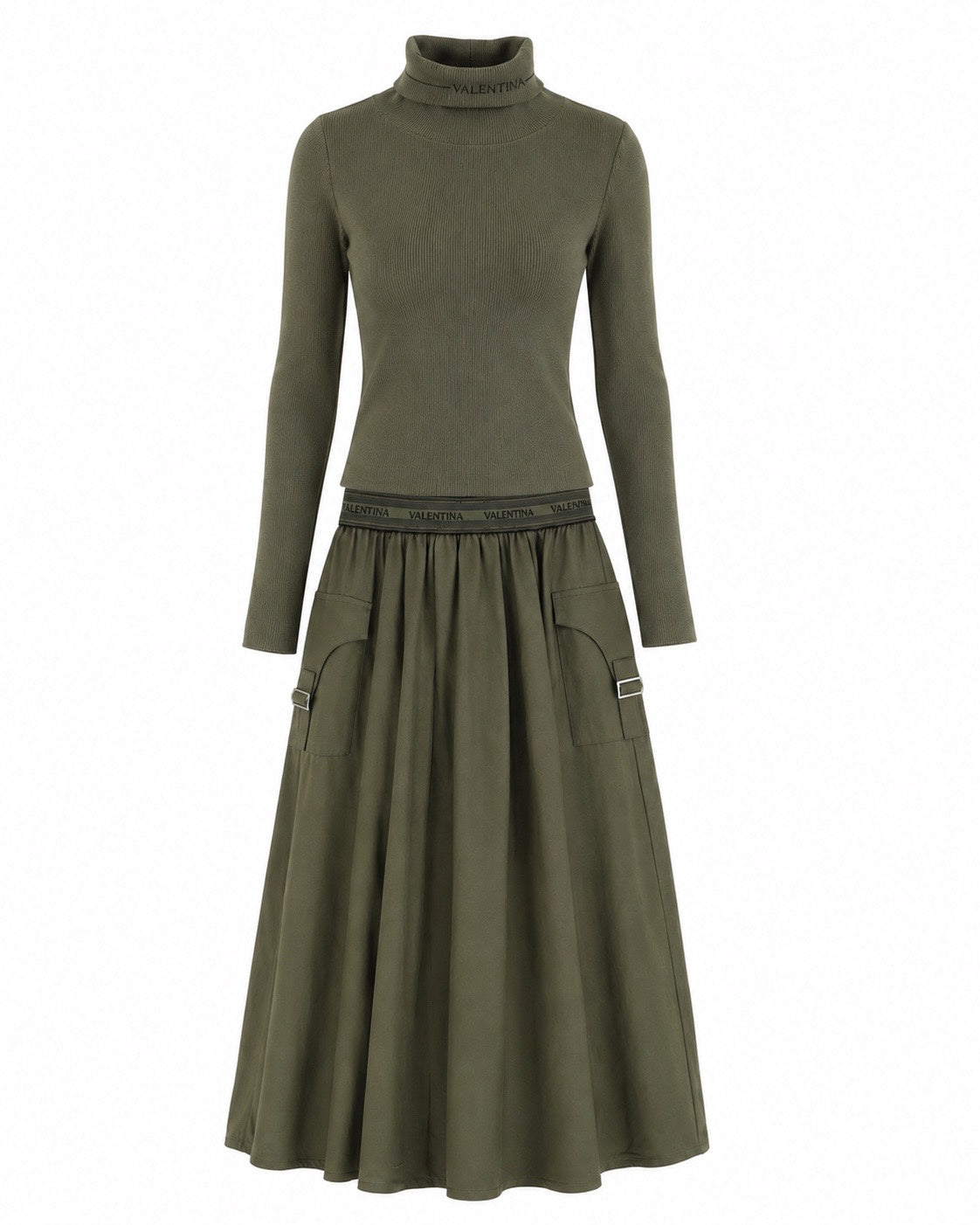 VALENTINA GREEN RIBBED KNIT LOGO TURTLENECK WITH SKIRT SET AW26 28117