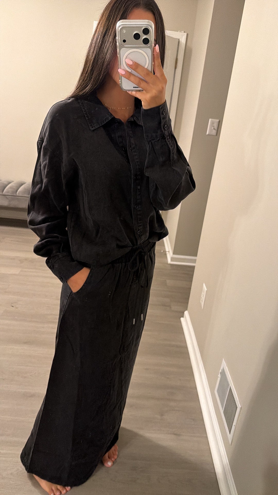 Slate Fade Button Down Denim Blouse with skirt set w-29411 FW26