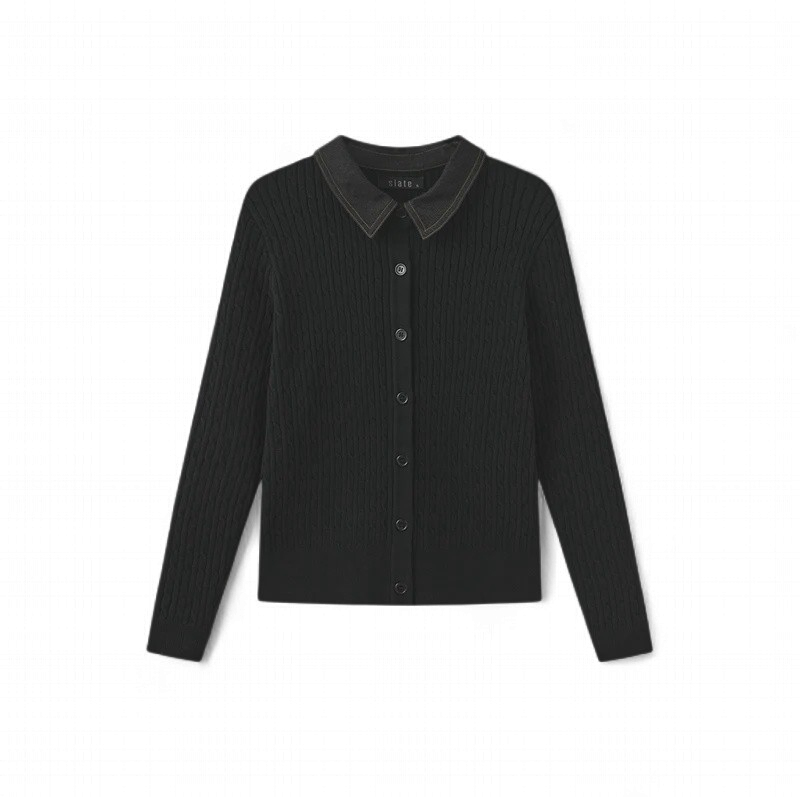 Slate Cable Knit Contrast Fabric Cardigan w-27010 FW26