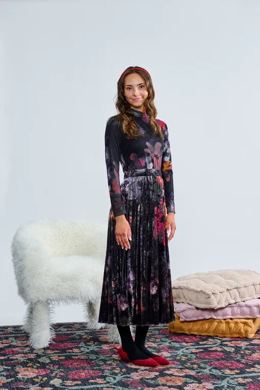 Laurent Deep Floral Print Mesh Top with skirt t-1355 AW26