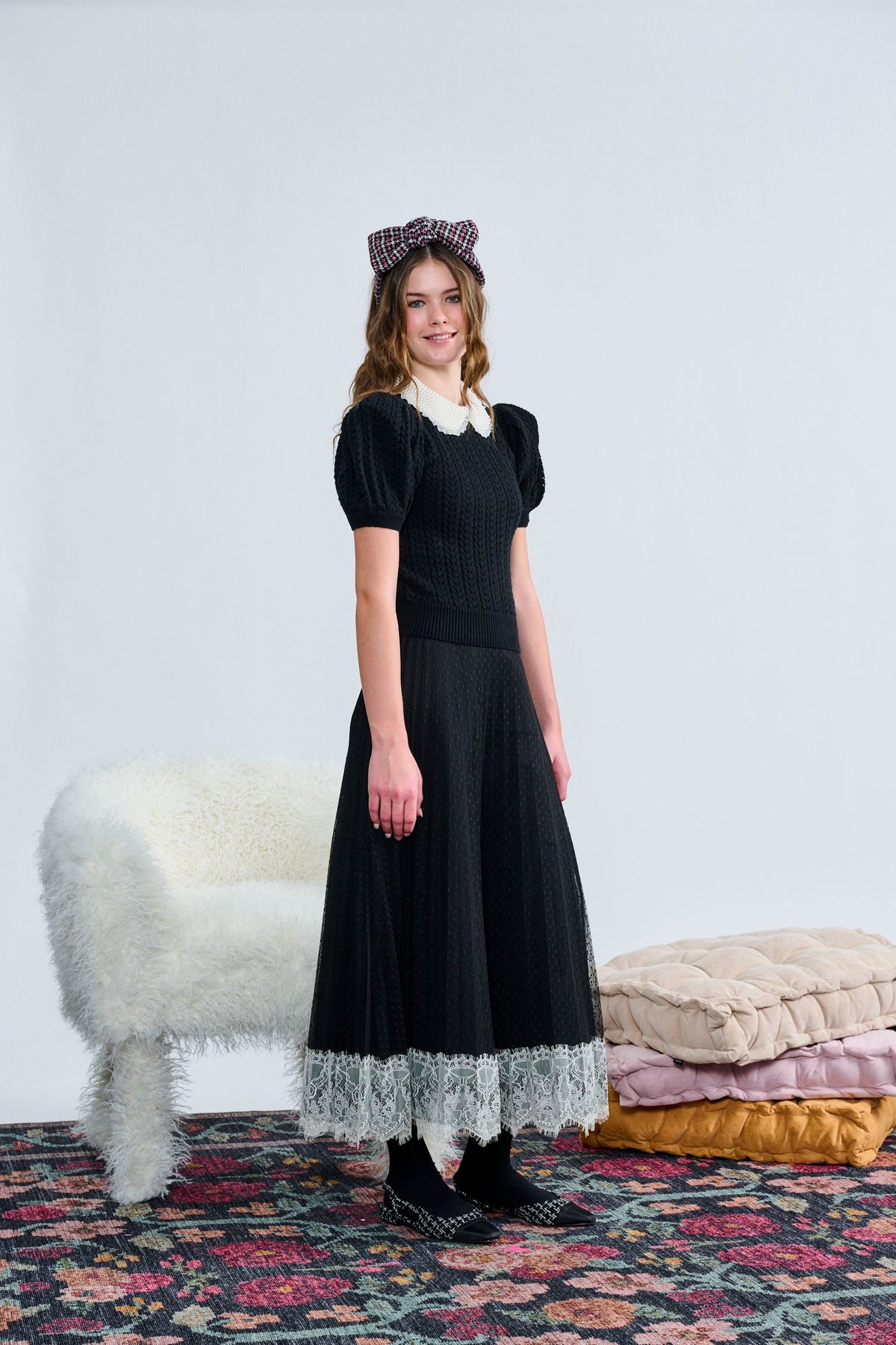 Laurent Black Cable Knit W/ Pearl Beaded Collar Top w/skirt t-1414 AW26