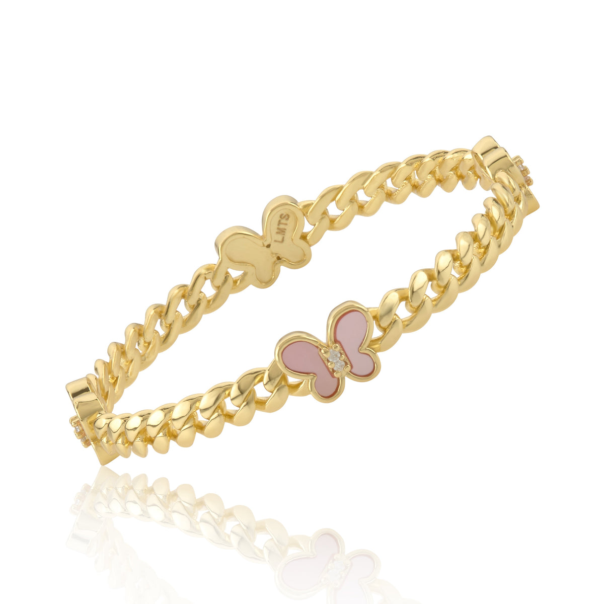 Link Bangle Accented With Cz & Mother Of Pearl Butterflies