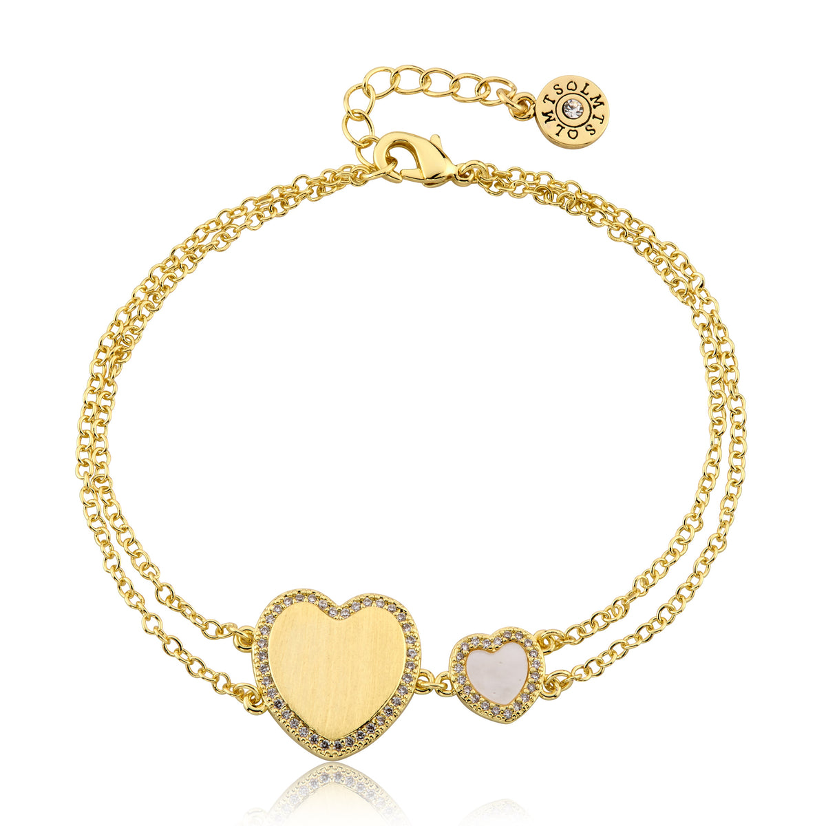 LMTS Classic! Cz Framed Large Heart & Small Heart Double Strand Chain Bracelet