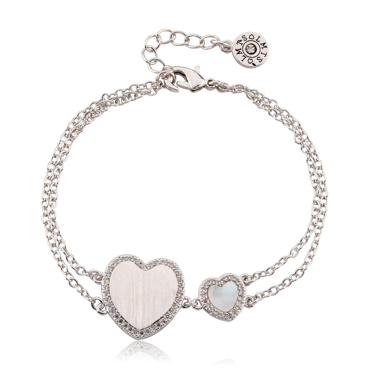 LMTS Classic! Cz Framed Large Heart & Small Heart Double Strand Chain Bracelet