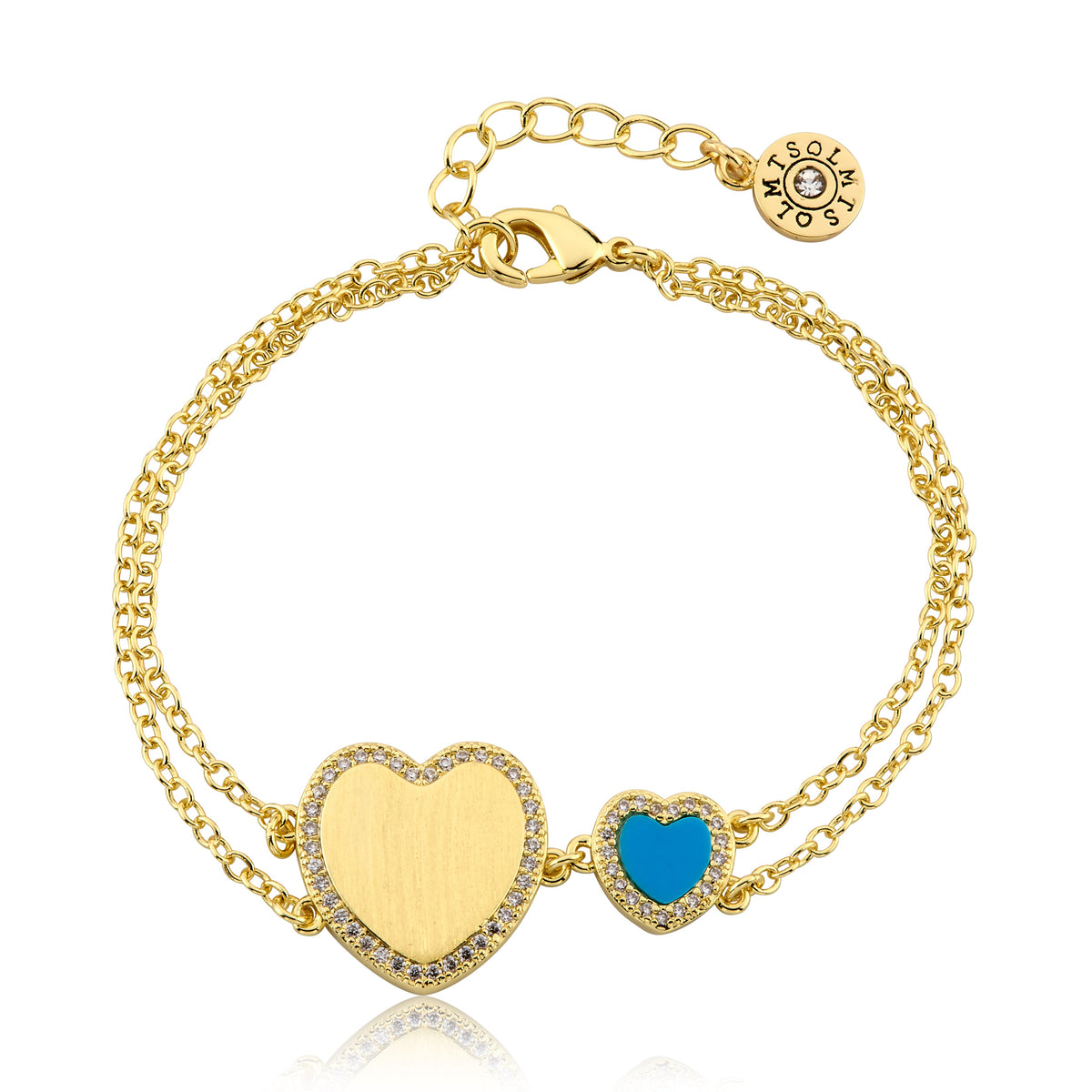 LMTS Classic! Cz Framed Large Heart & Small Heart Double Strand Chain Bracelet