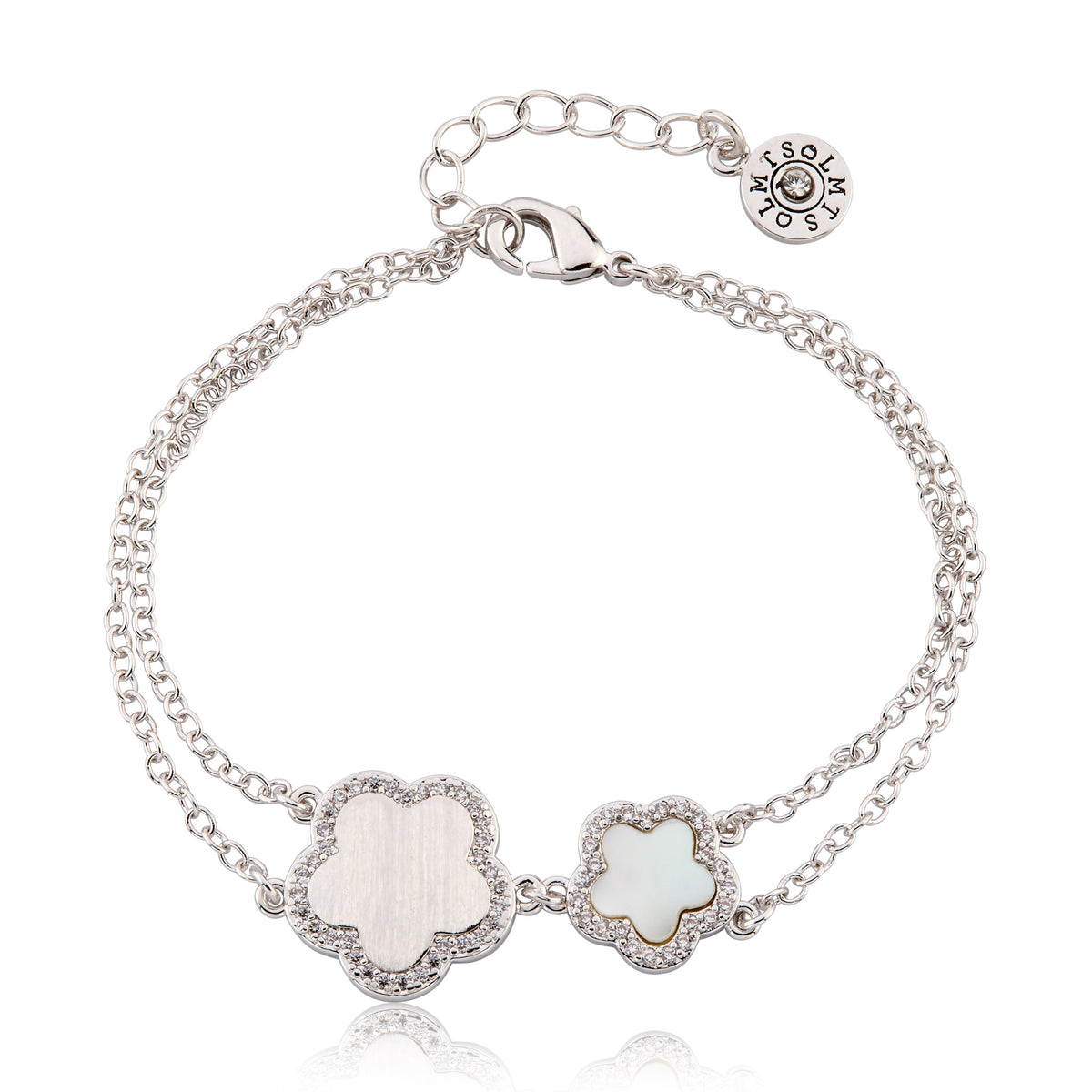 LMTS Classic! Cz Framed Large Flower & Small Flower Double Strand Chain Bracelet