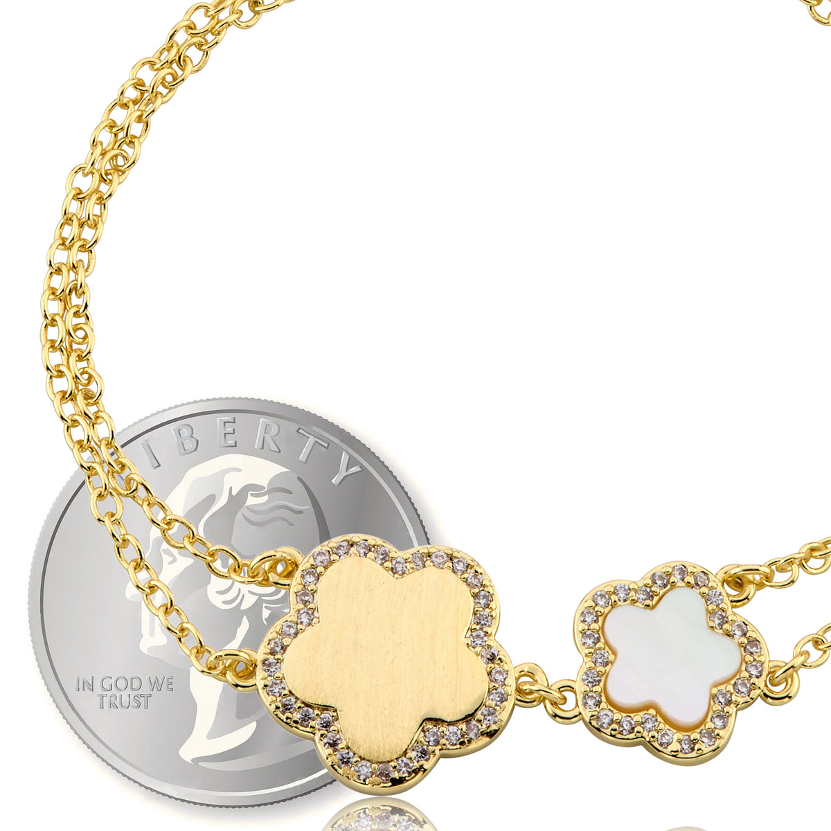LMTS Classic! Cz Framed Large Flower & Small Flower Double Strand Chain Bracelet