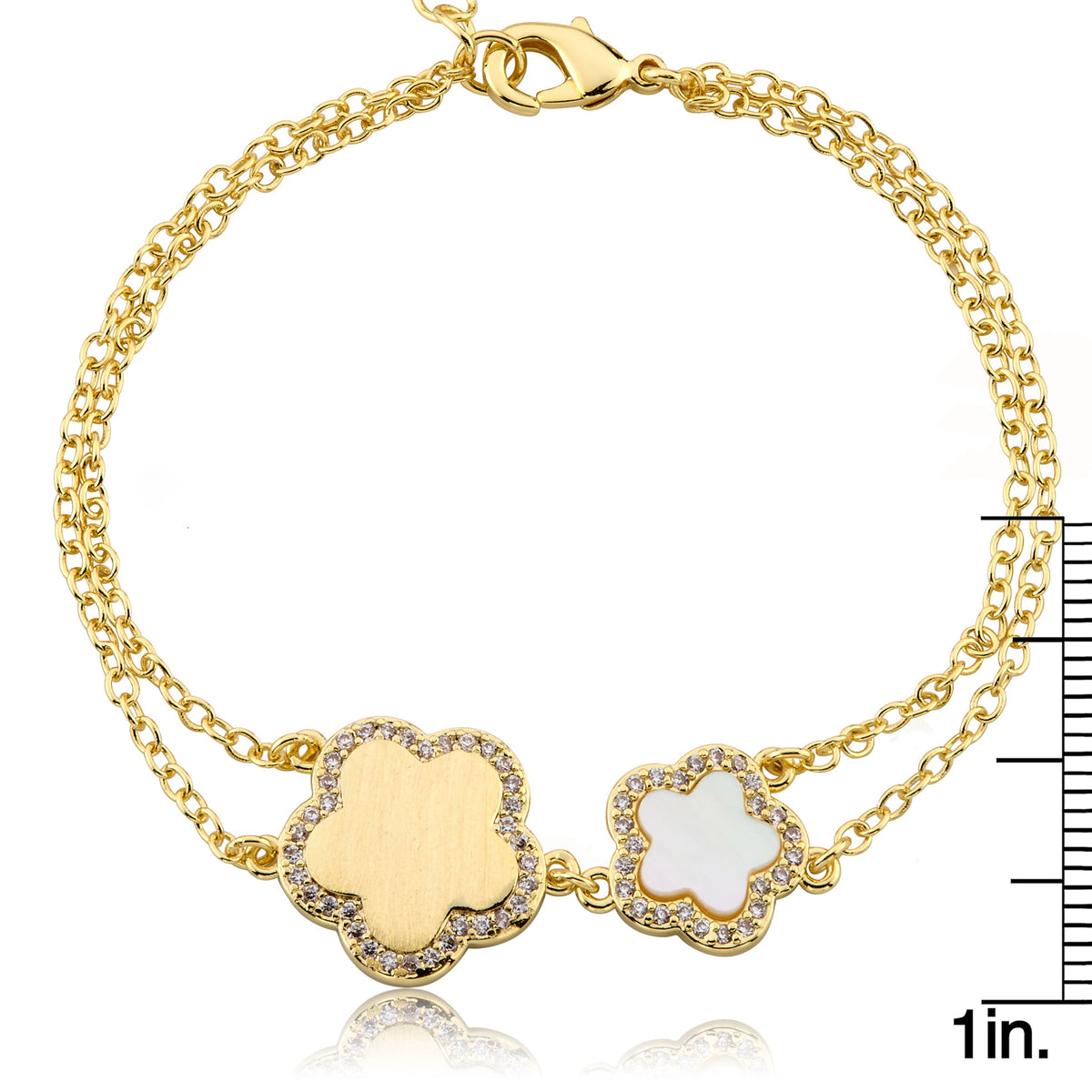 LMTS Classic! Cz Framed Large Flower & Small Flower Double Strand Chain Bracelet