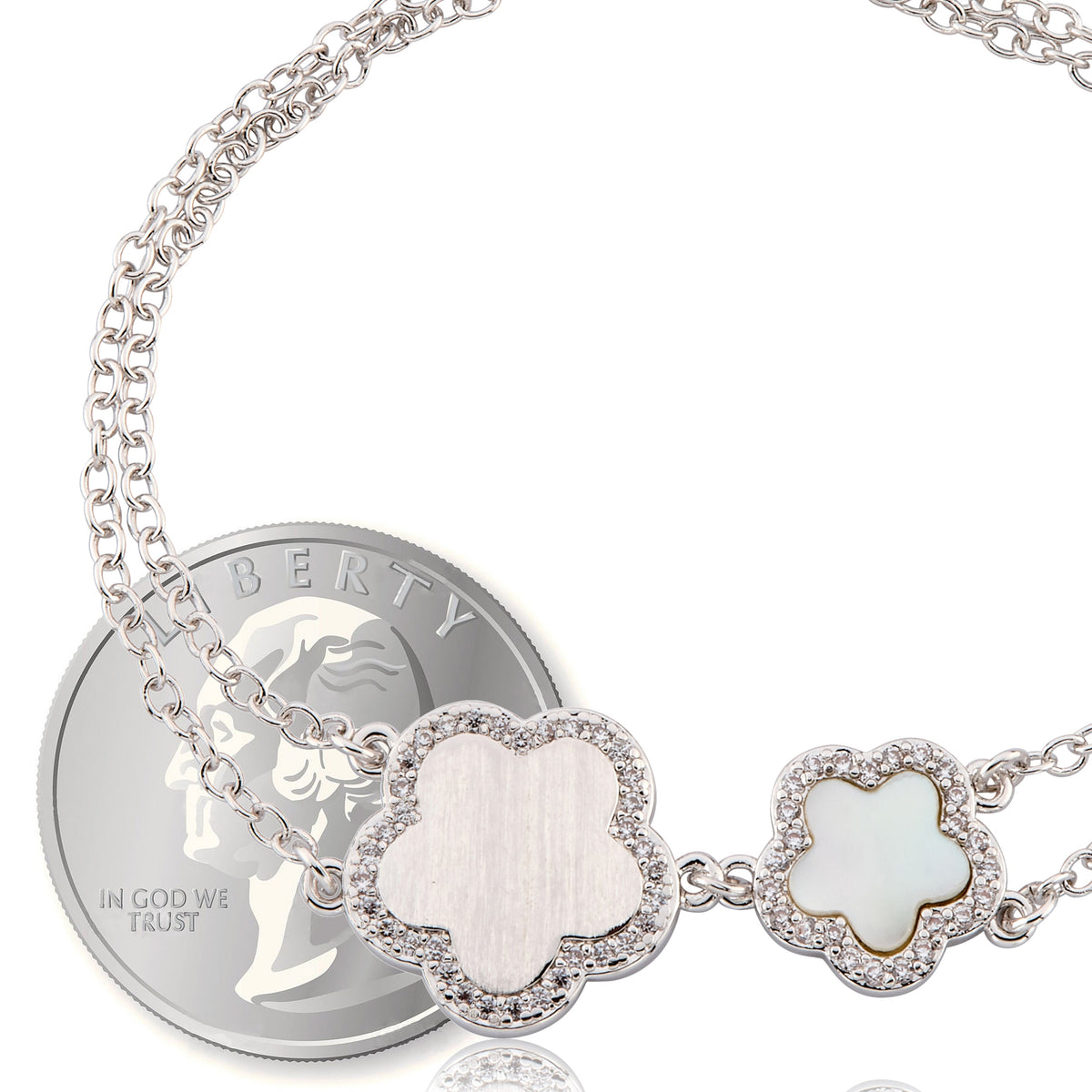 LMTS Classic! Cz Framed Large Flower & Small Flower Double Strand Chain Bracelet