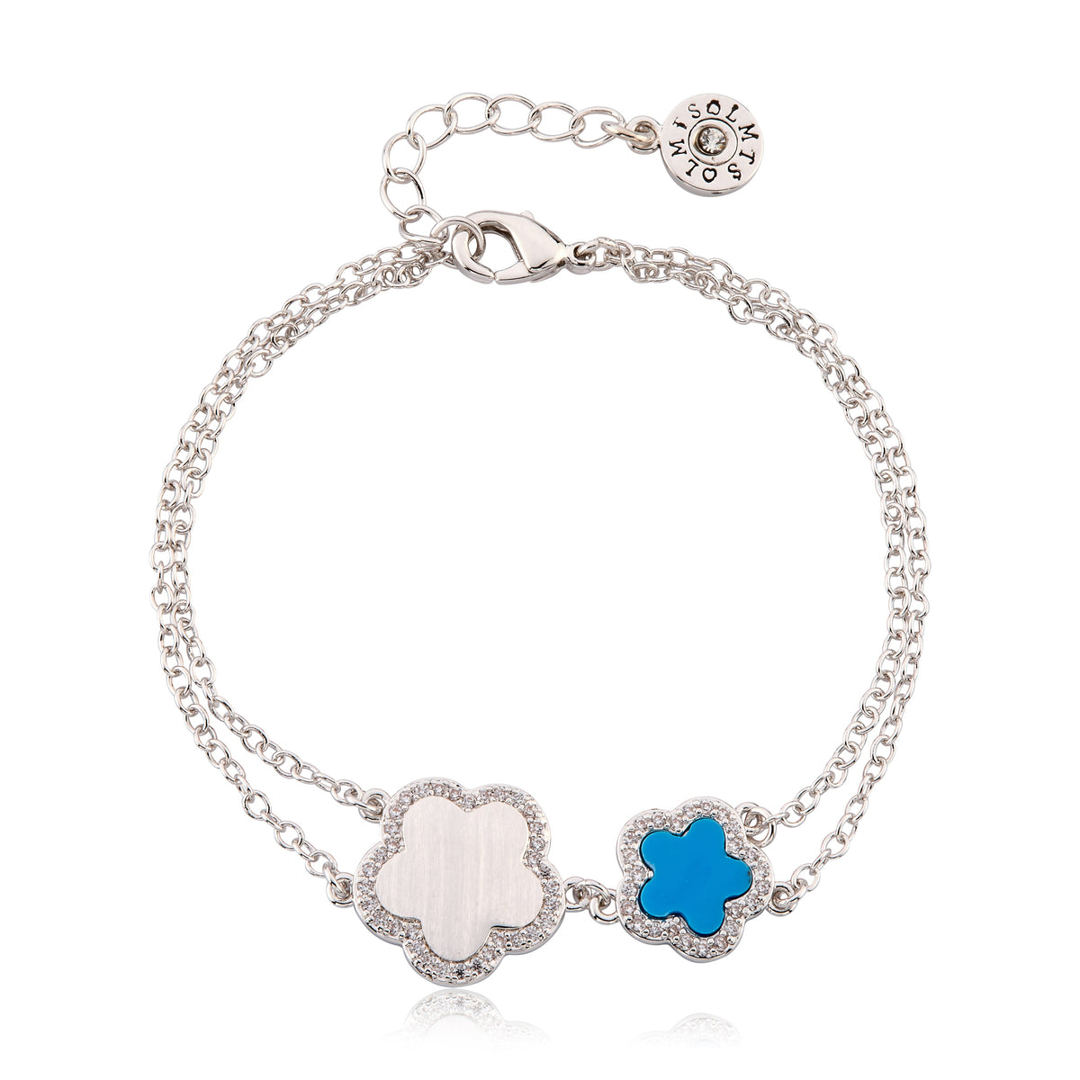 LMTS Classic! Cz Framed Large Flower & Small Flower Double Strand Chain Bracelet
