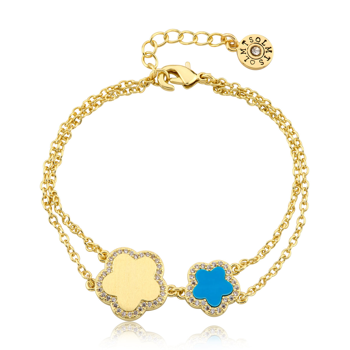 LMTS Classic! Cz Framed Large Flower & Small Flower Double Strand Chain Bracelet