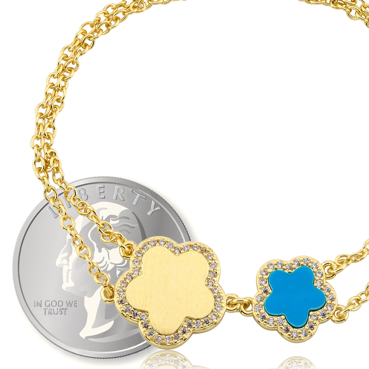 LMTS Classic! Cz Framed Large Flower & Small Flower Double Strand Chain Bracelet