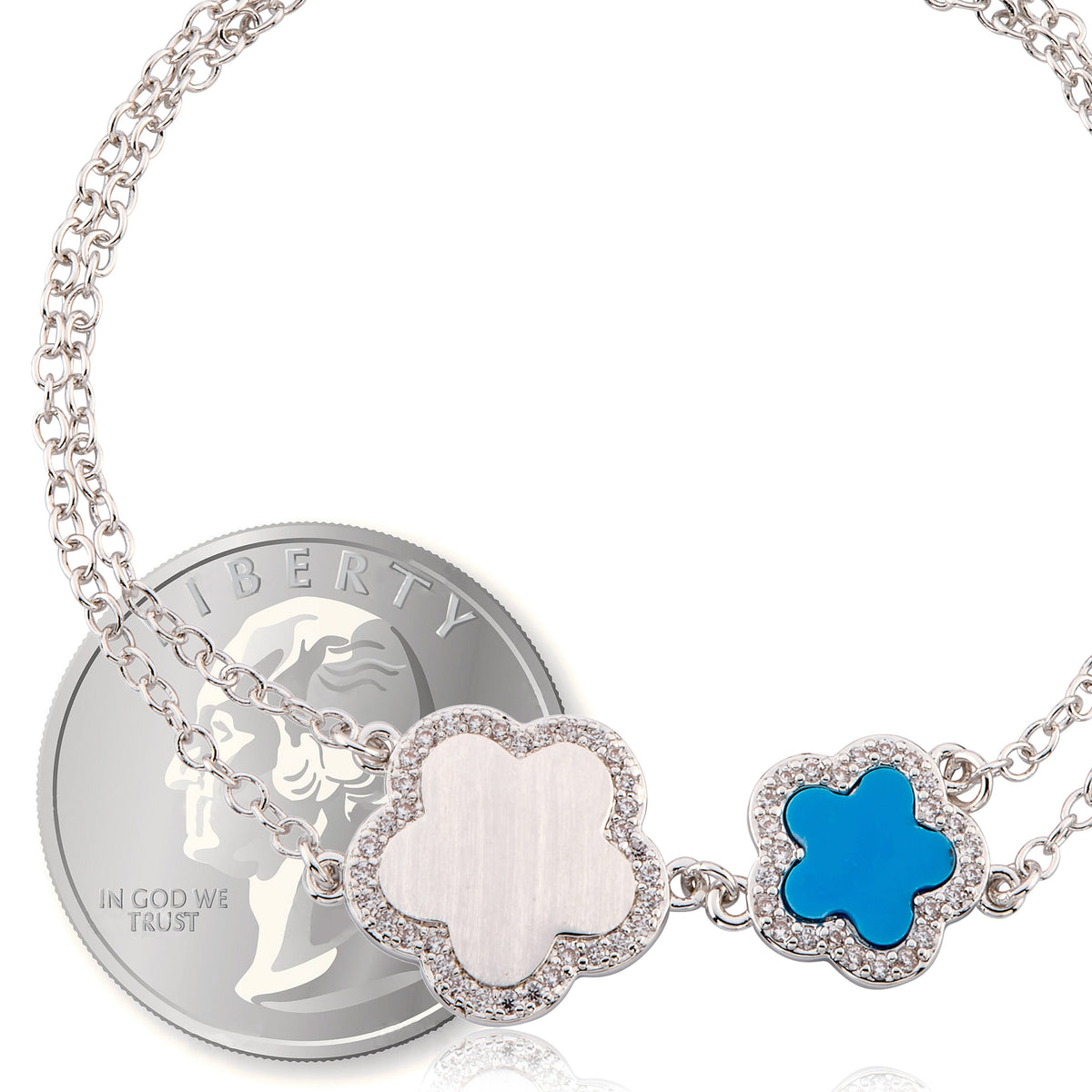 LMTS Classic! Cz Framed Large Flower & Small Flower Double Strand Chain Bracelet