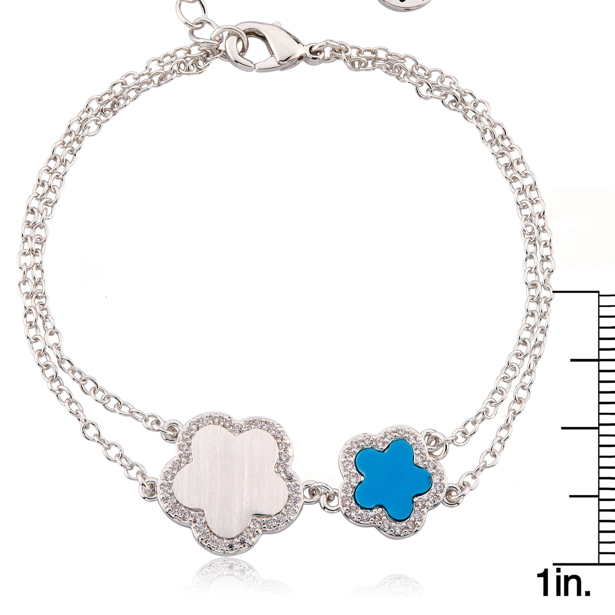 LMTS Classic! Cz Framed Large Flower & Small Flower Double Strand Chain Bracelet