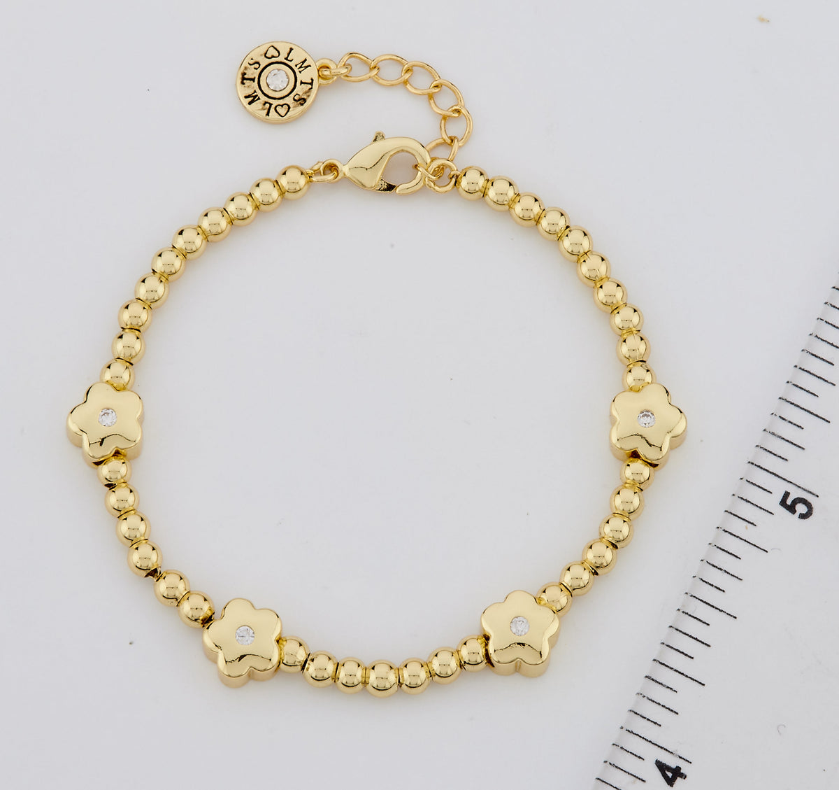 LMTS Classic! 14K Gold Plated Bead & Cz Center Flowers Bracelet