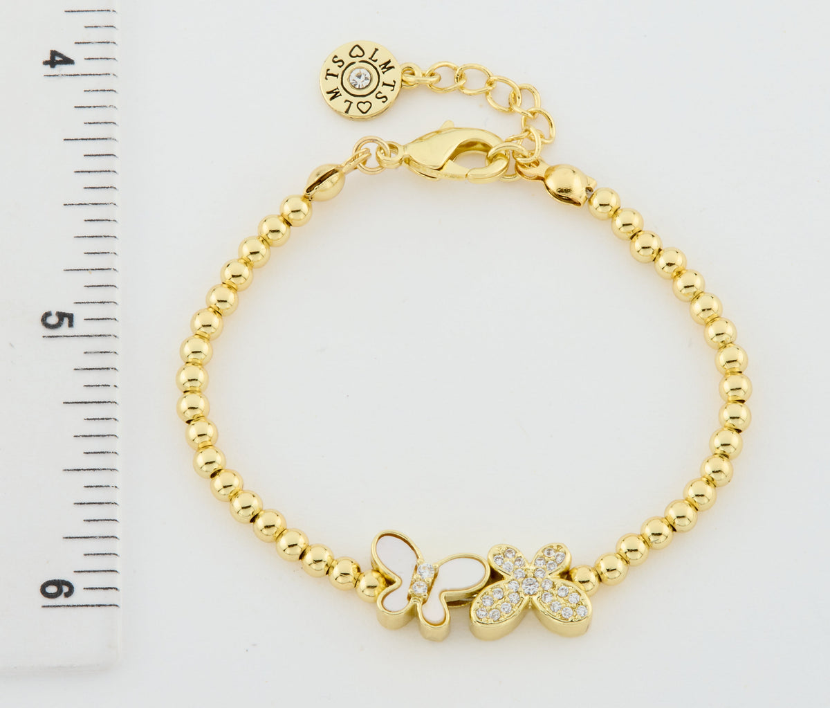 LMTS Classic! 14K Gold Plated Bead & Mother Of Pearl & Cz Butterfly Wire Bracelet