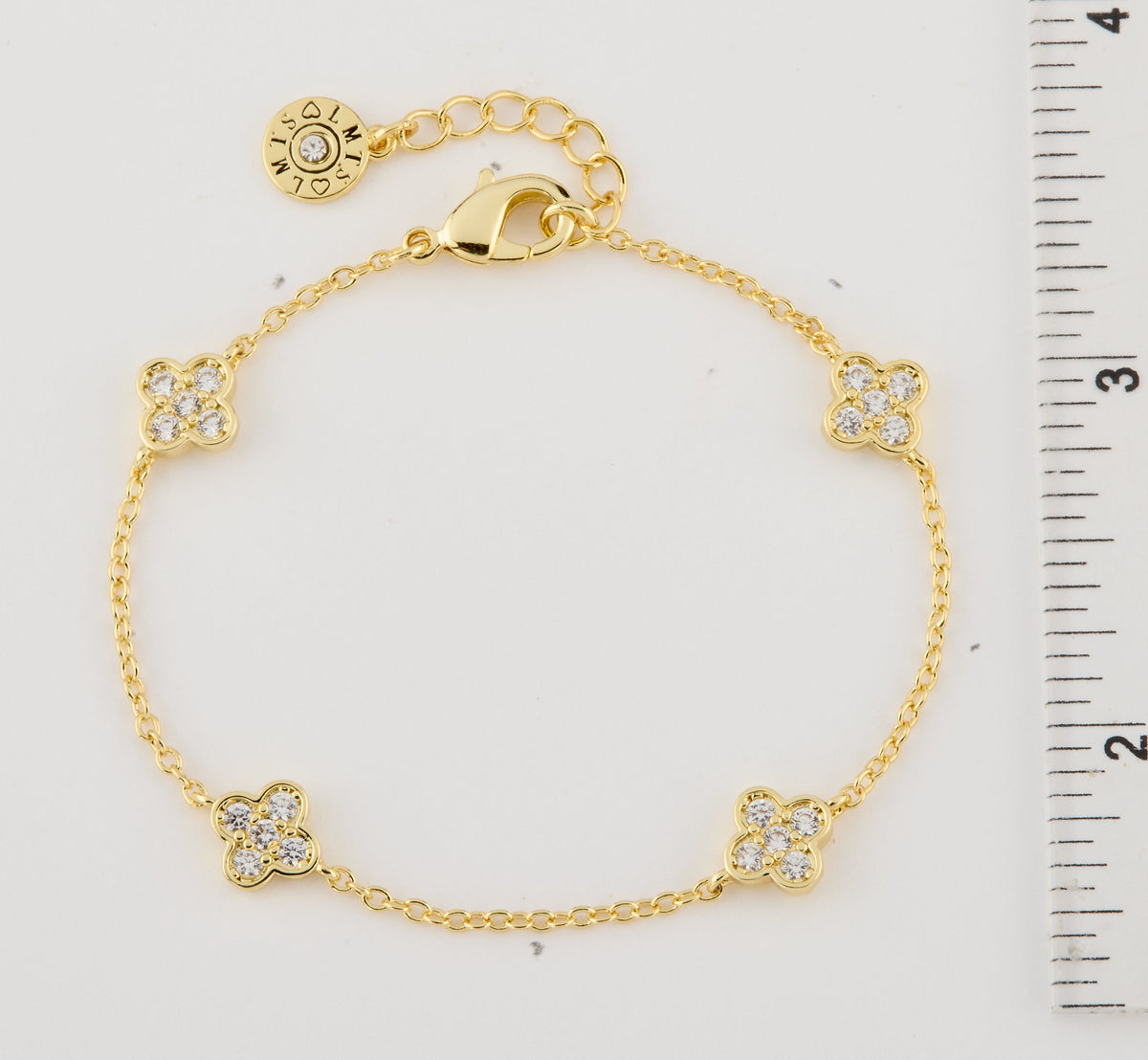 14K Gold Plated 4 Clear Cz Clover Station Chain Bracelet