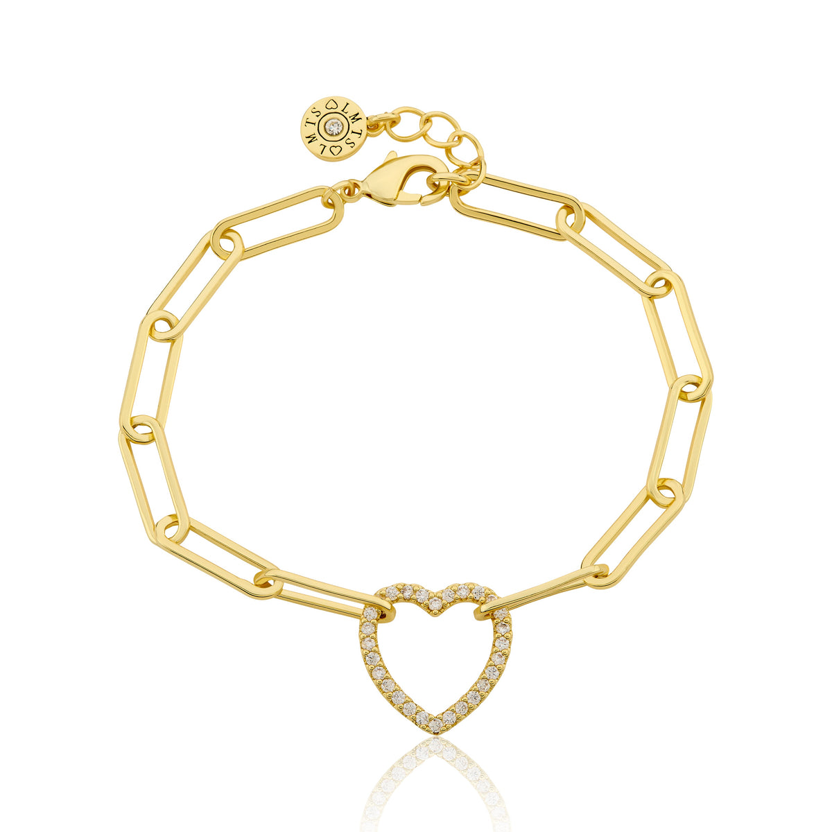 14K Gold Plated Links Chain Bracelet With Cz Open Heart Center