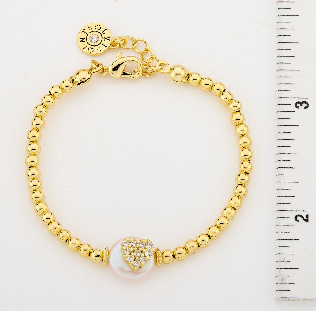 14K Gold Plated 3mm Bead & Cz Heart Over Flat Pearl Wire Bracelet