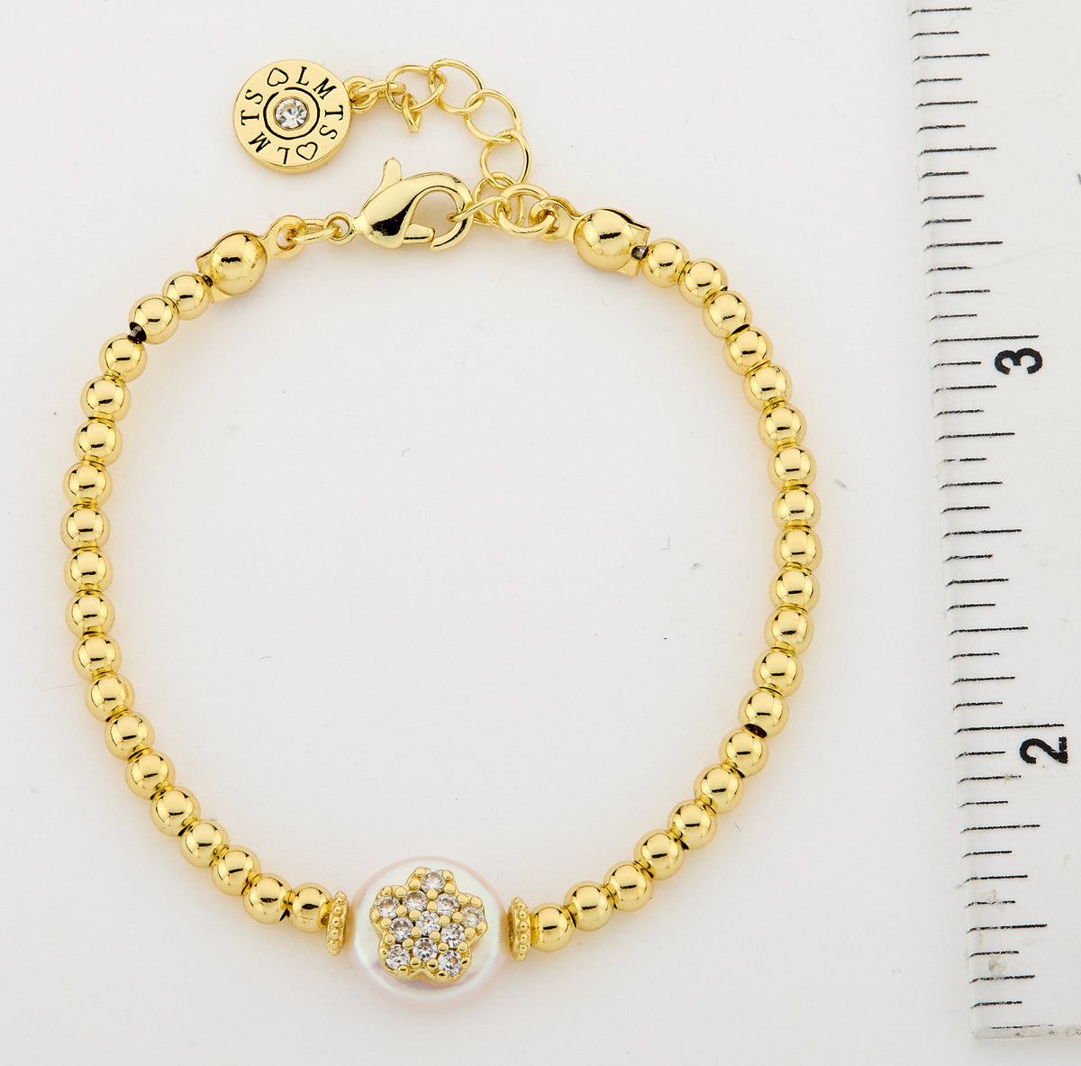 14K Gold Plated 3mm Bead & Cz Flower Over Flat Pearl Wire Bracelet