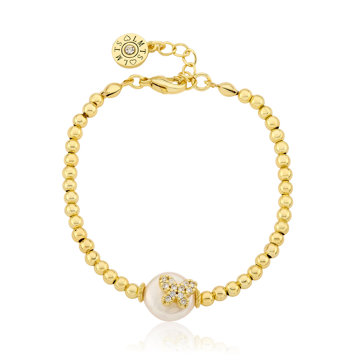 14K Gold Plated 3mm Bead & Cz Butterfly Over Flat Pearl Wire Bracelet