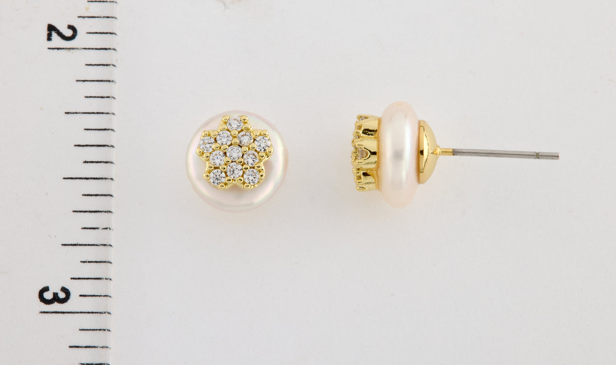 14K Gold Plated Cz Flower Over 10mm Pearl Stud Earring