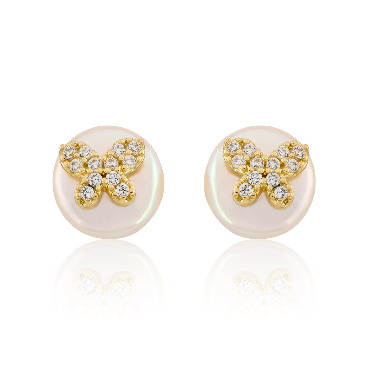 14K Gold Plated Cz Butterfly Over 10mm Pearl Stud Earring