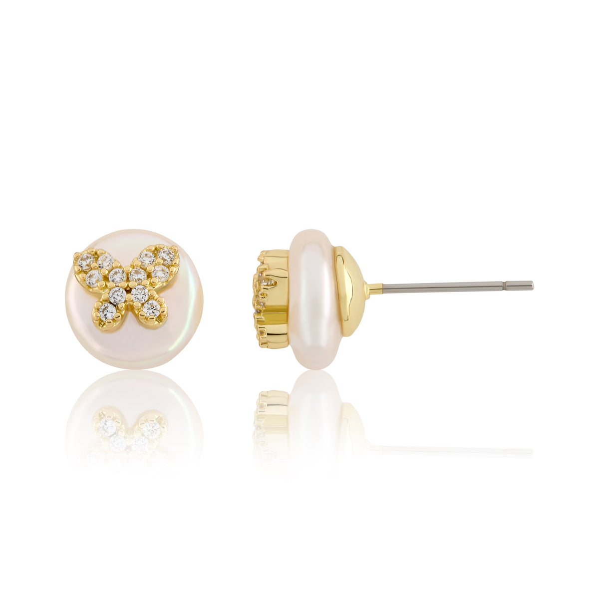 14K Gold Plated Cz Butterfly Over 10mm Pearl Stud Earring