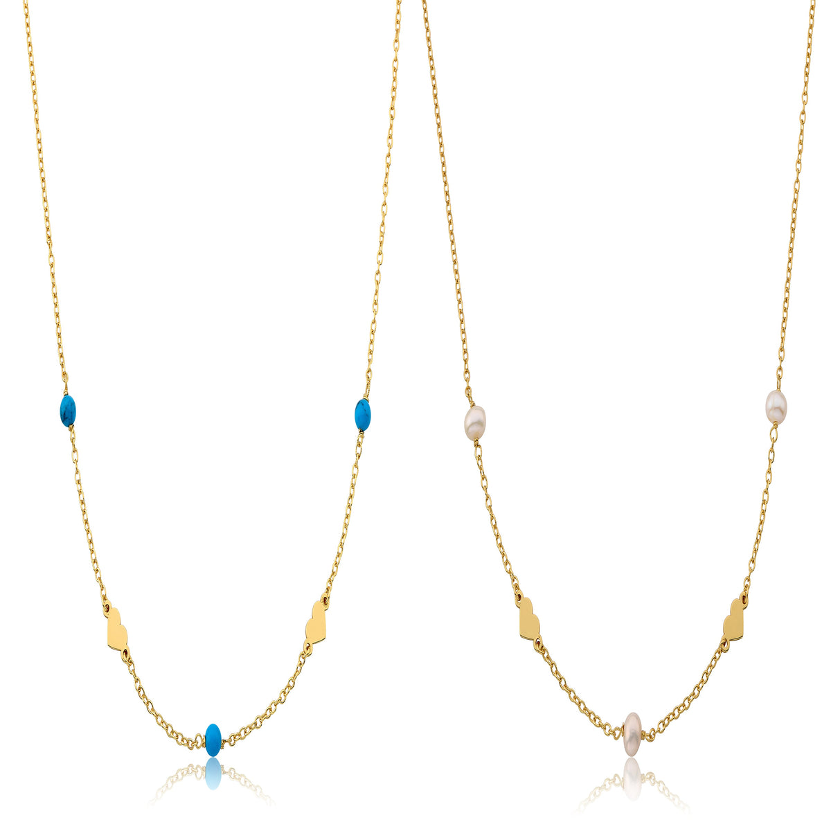 14K Gold Plated Fresh Water Pearl/ Turquoise Heart Station Necklace Set