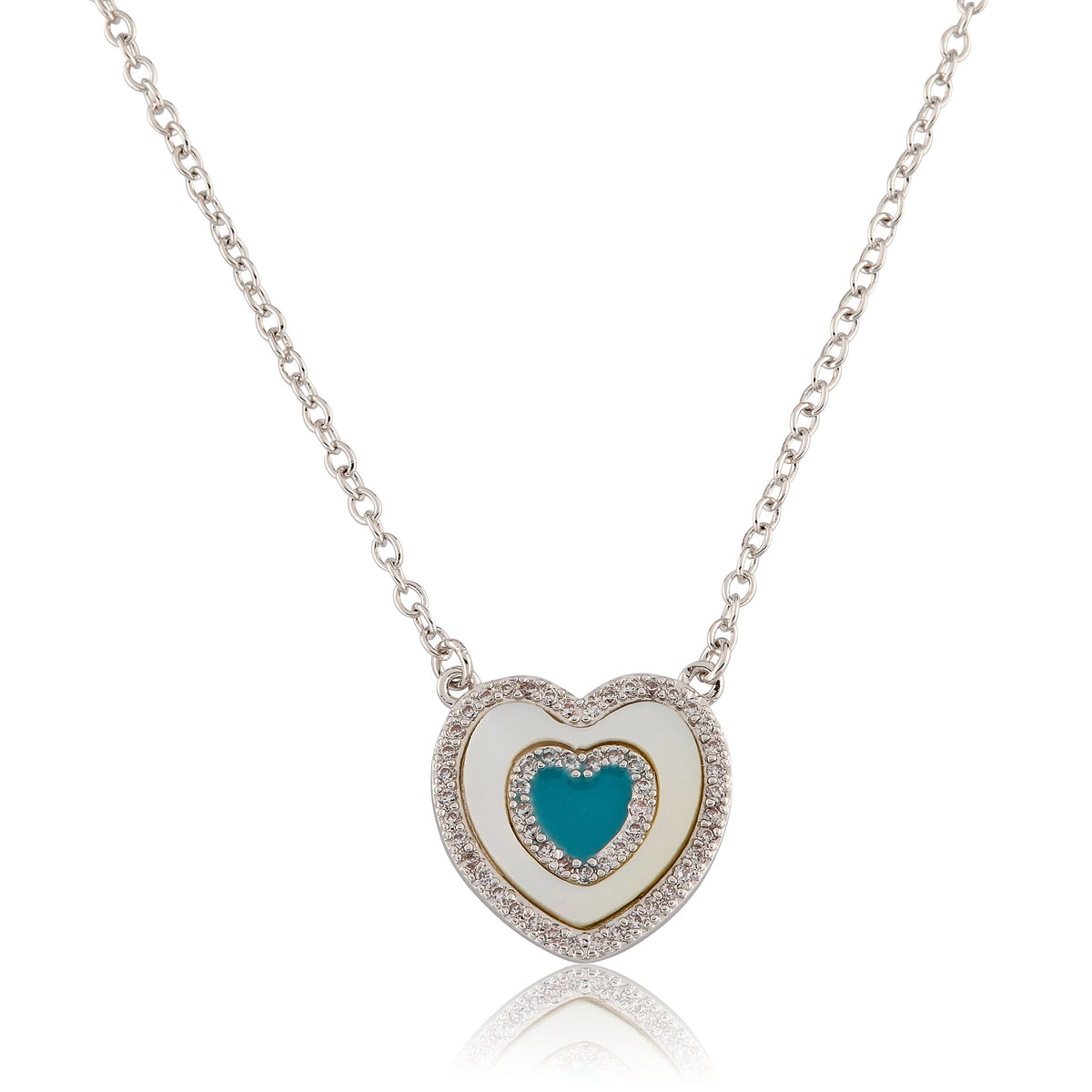 Brushed Cz Framed Mother Of Pearl & Turquoise Center Necklace