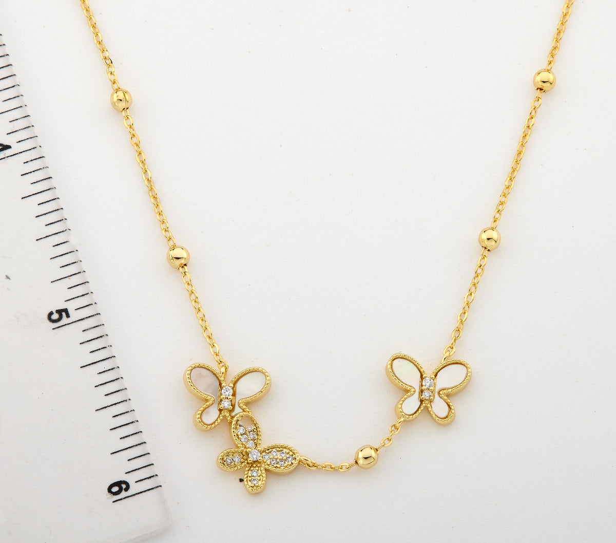 14K Gold Plated CZ & Mother Of Pearl Butterflies On Bead Station Necklace