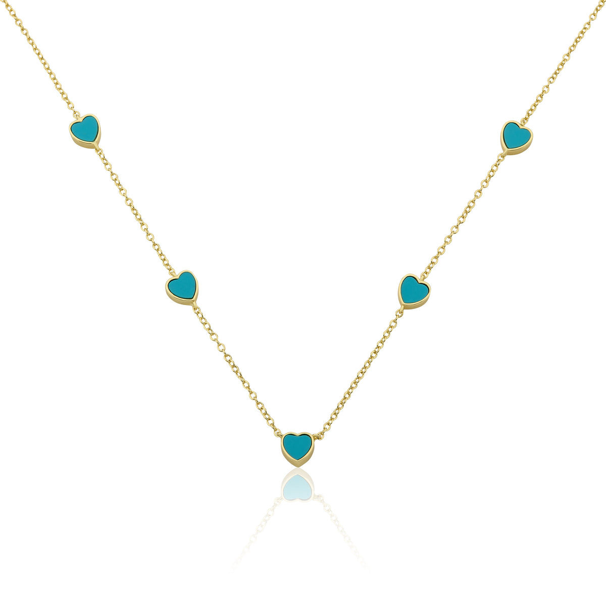 14K Gold Plated 7mm Heart Station Chain Necklace