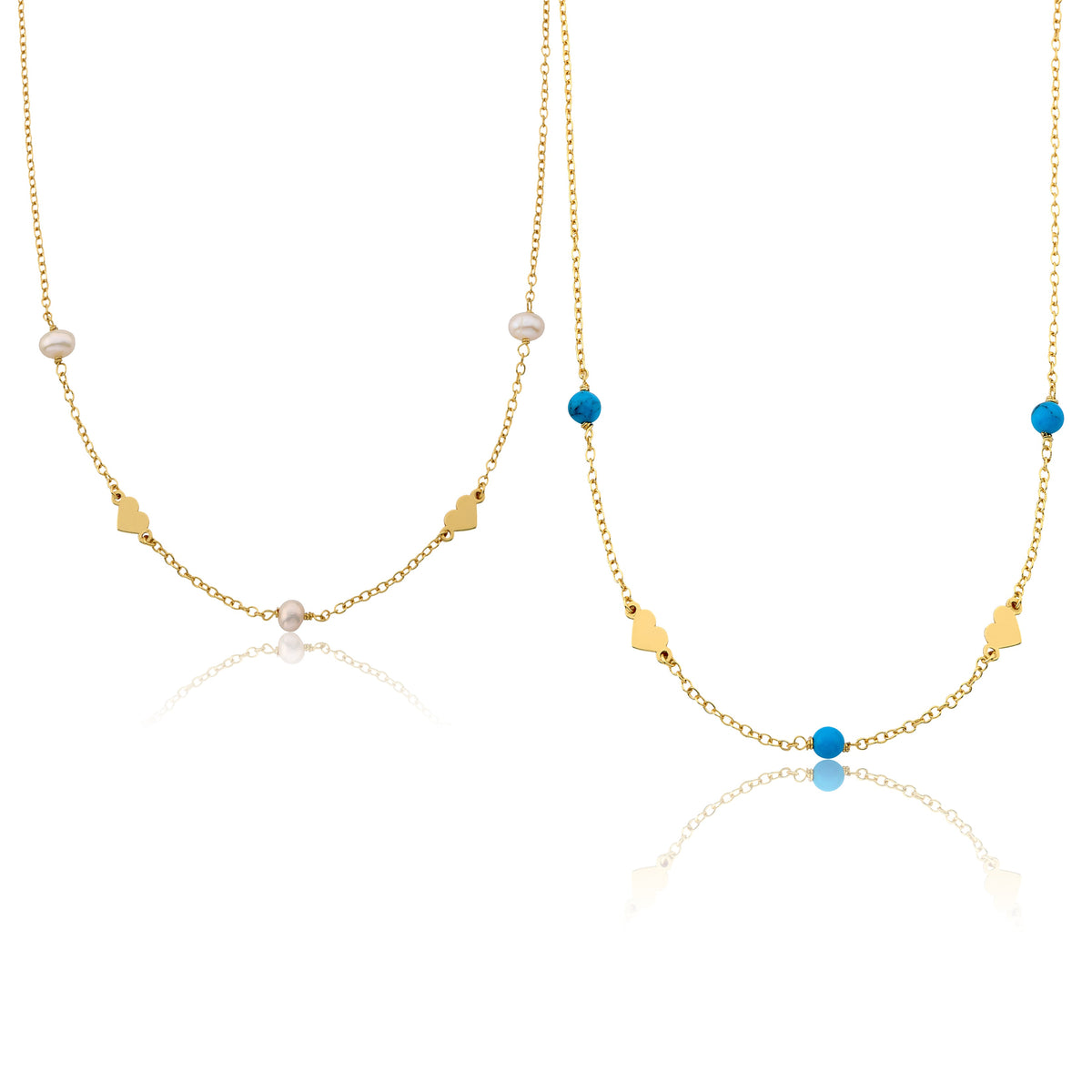 14K Gold Plated Fresh Water Pearl/ Turquoise Heart Station Necklace Set