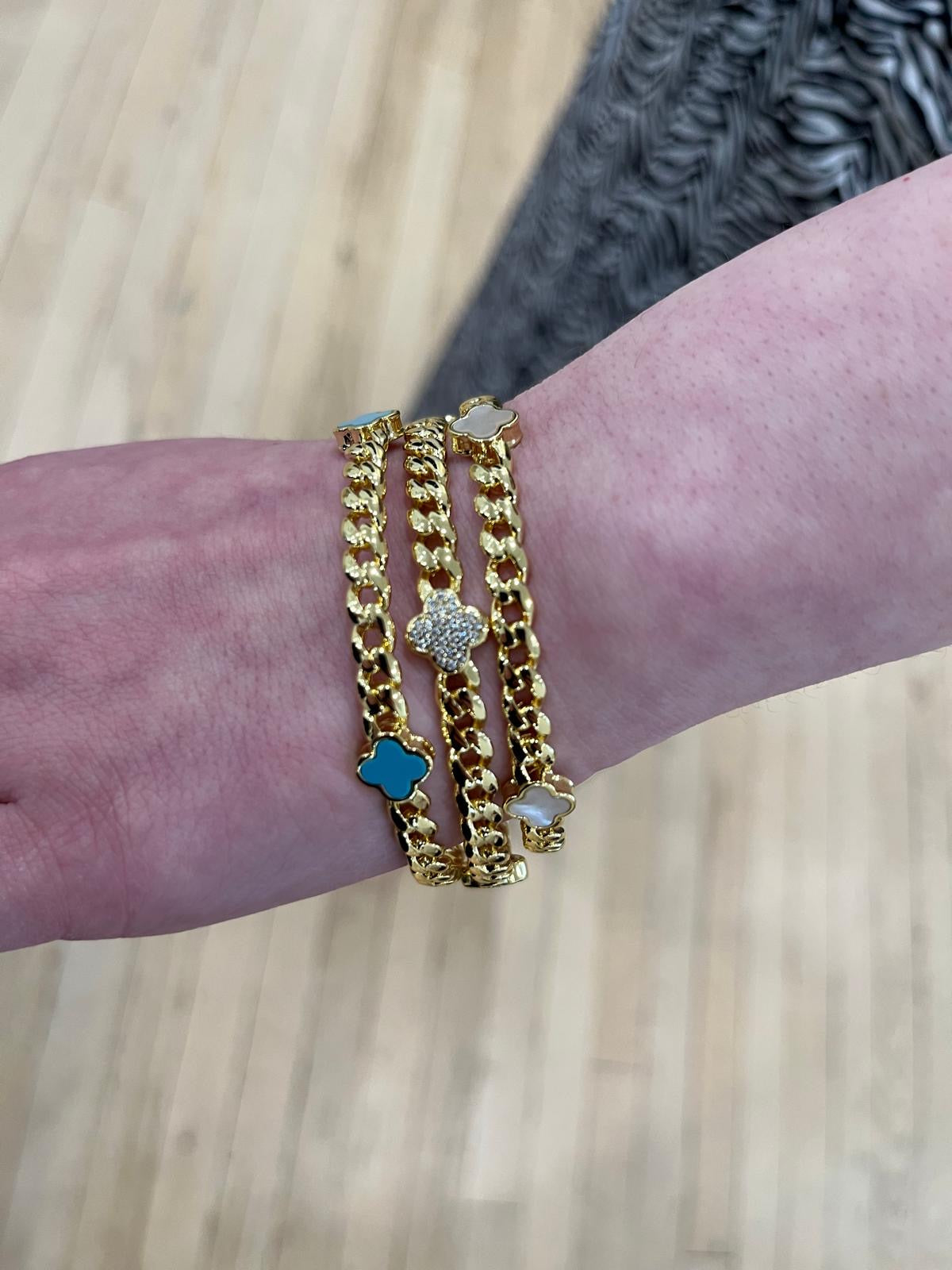 Link Bangle Accented With Cz Clovers
