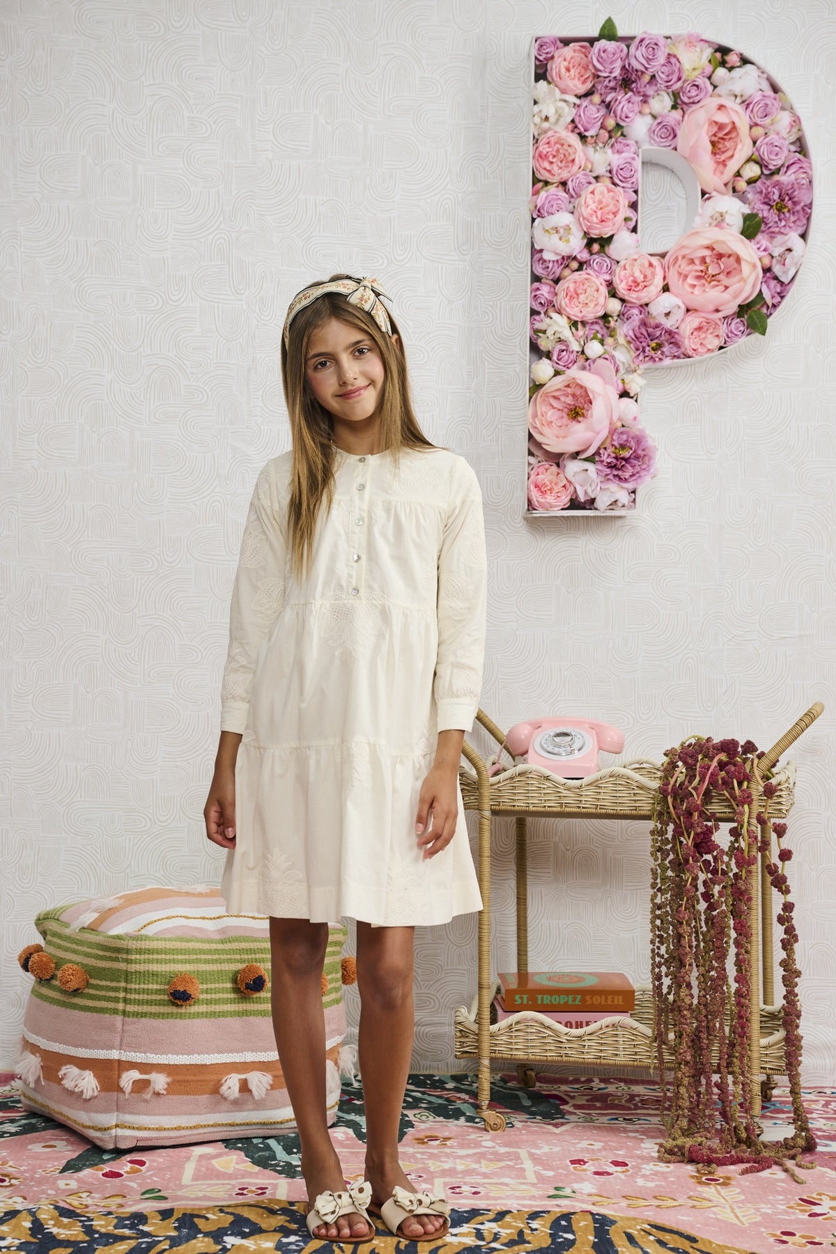 Porter OFF WHITE FLORAL EMBROIDERY TIERED DRESS 2401