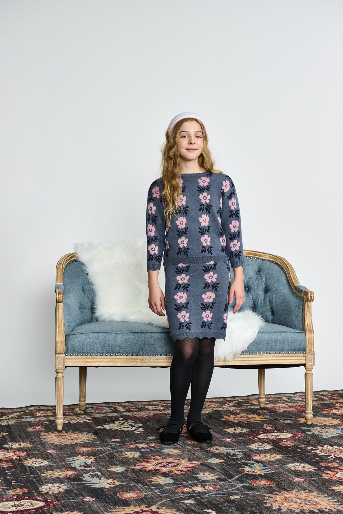 Porter Stone Blue W/ Pink Flower Design Knit Top  w/skirt 2553 AW26