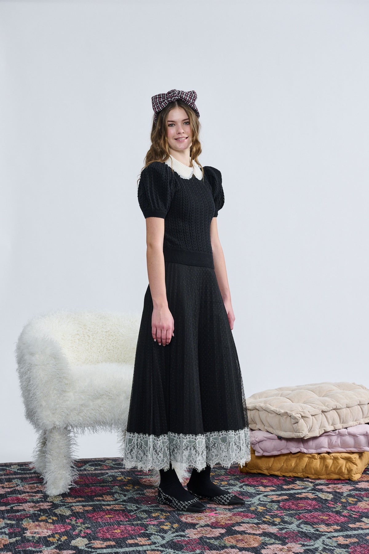 Laurent Black Cable Knit W/ Pearl Beaded Collar Top  w/skirt  t-1414 AW26