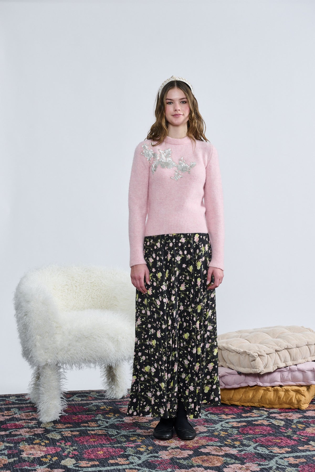 Laurent Baby Pink Knit W/ Silver Sequin Detail Top  w/skirt  t-1432 AW26