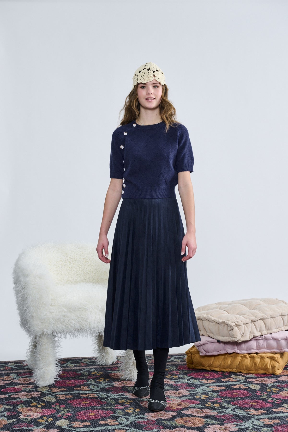 Laurent Navy Knt W/ Button Details Top  w/skirt  t-1362 AW26
