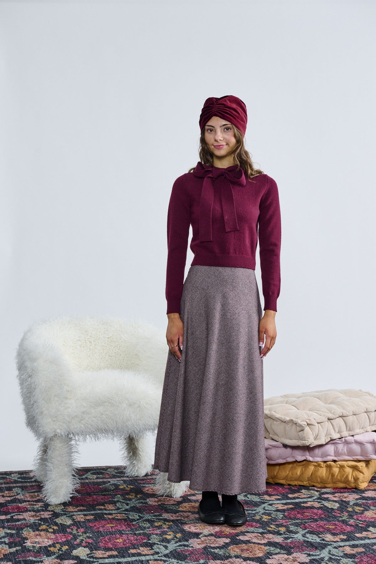 Laurent Wine Knit W/ Tie Bow Collar Top t-1361  w/skirt  AW26