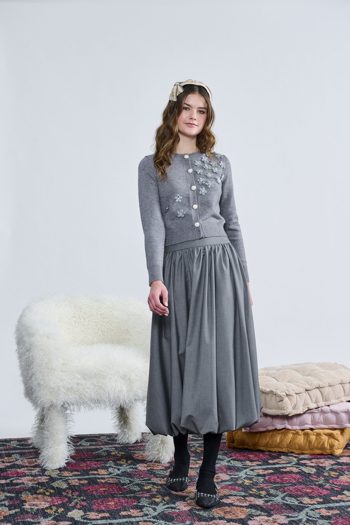 Laurent Gray Cardigan W/ Flower Appliques Top  w/skirt t-1371 AW26