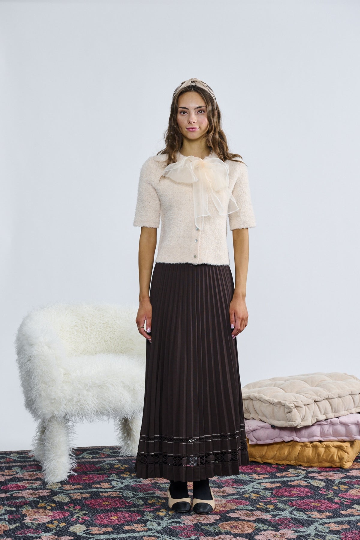 Laurent Ivory Fuzzy Knit W/ Orgnza Tie Bow Collar Top  w/skirt  t-1377 AW26