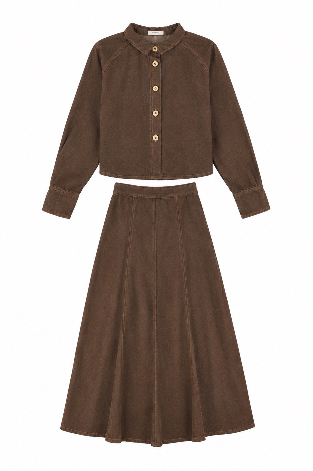 VALENTINA BROWN DENIM CONTRAST SEAM CROP BLOUSE WITH SKIRT SET AW26 28773