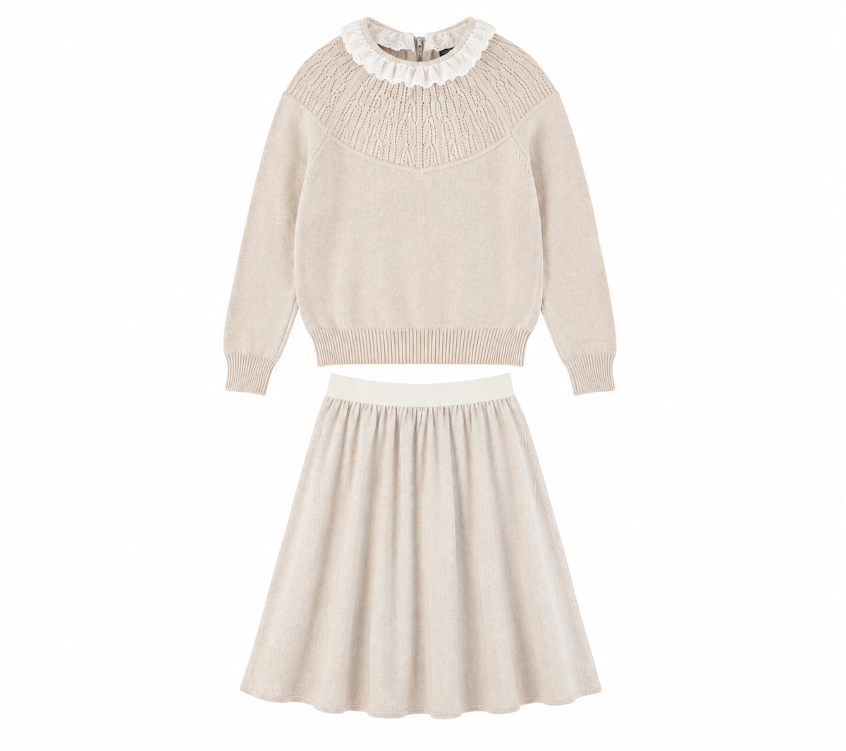 BACE OATMEAL POINTELLE LACE COLLAR SWEATER WITH SKIRT SET AW26 28331