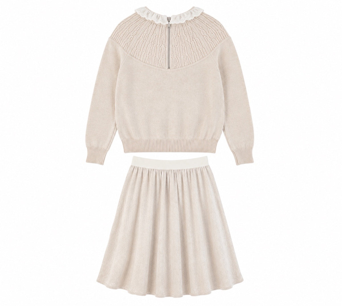 BACE OATMEAL POINTELLE LACE COLLAR SWEATER WITH SKIRT SET AW26 28331